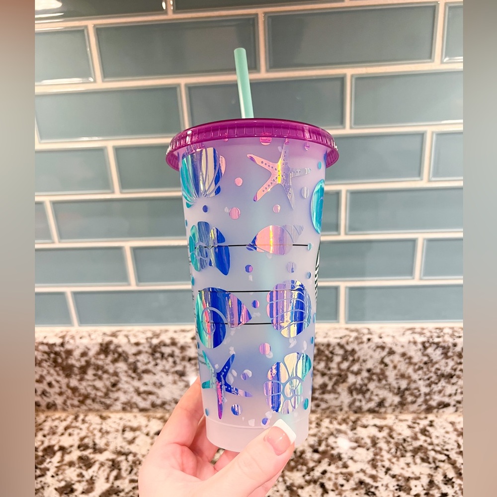 Starbucks Color changing Speckled cold cup w lid & straw NEW shell beach design - Picture 5 of 5